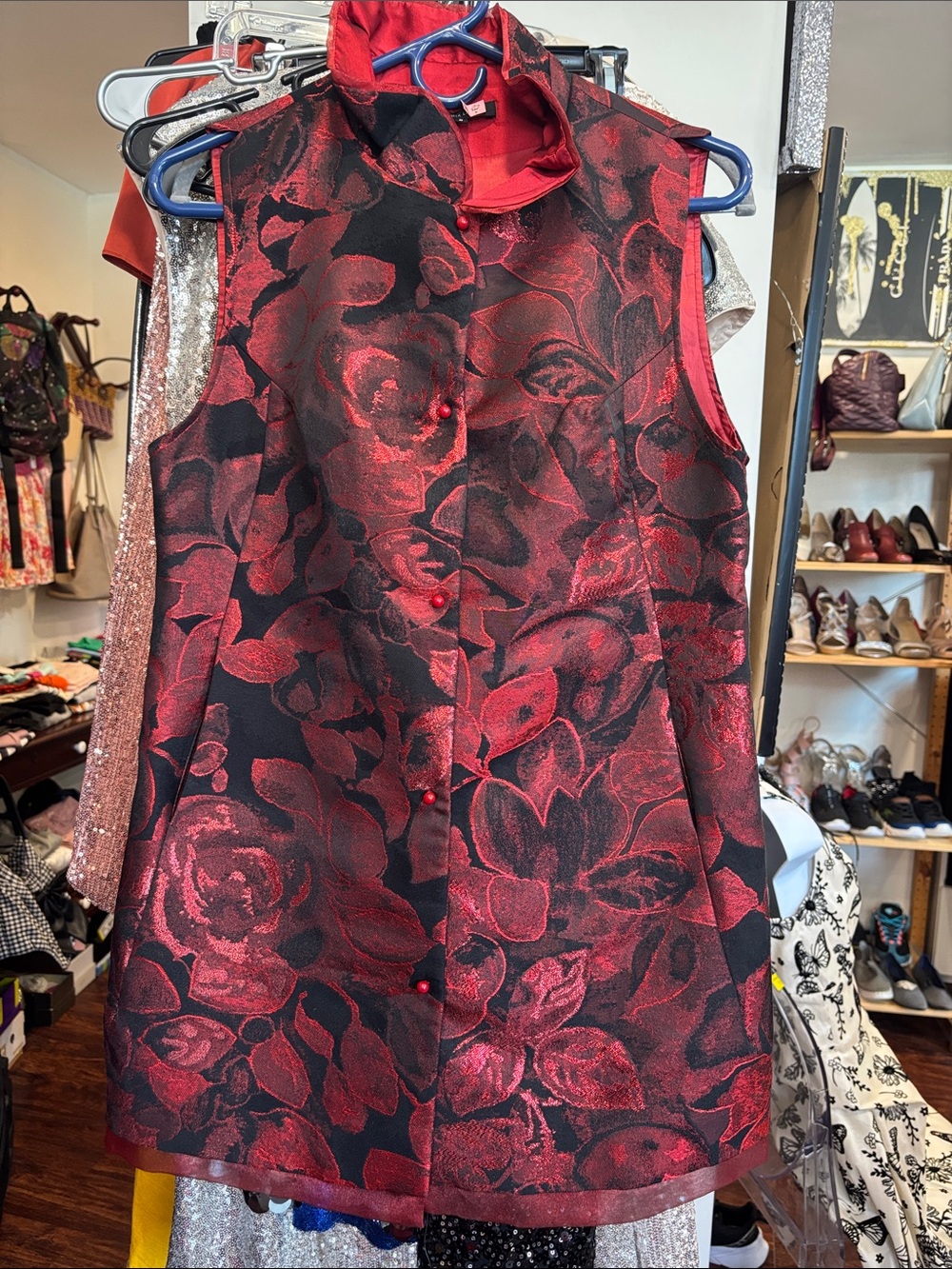Sleeveless Red Floral Brocade Vest